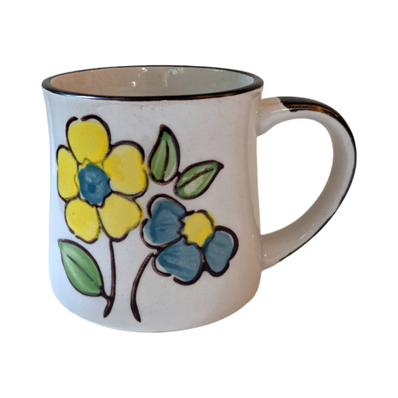 Vintage Mid-Century Floral Stoneware Mug, Bohemian Blue and Yellow Flowers - Picture 1 of 9
